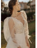 Long Sleeves Ivory Beaded Lace Tulle Keyhole Back Wedding Dress